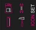 Set line Claw hammer, Ruler, Wrench spanner and Cement bag icon. Vector