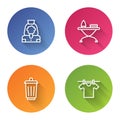 Set line Cleaning lady service, Iron and ironing board, Trash can and Drying clothes. Color circle button. Vector