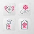 Set line Clipboard with blood test results, Liquid antibacterial soap, Hand virus and Medical protective mask icon