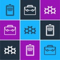 Set line Clipboard with checklist, Chemical formula and Briefcase icon. Vector Royalty Free Stock Photo