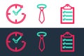 Set line Clipboard with checklist, Clock arrow and Tie icon. Vector