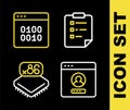 Set line Clipboard with checklist, Create account screen, Processor microcircuits CPU and Binary code icon. Vector Royalty Free Stock Photo