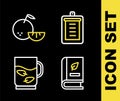 Set line Clipboard with checklist, Medical book, Cup of tea and leaf and Citrus fruit icon. Vector