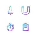 Set line Clipboard with checklist, Stopwatch, Ringing bell and Magnet. Gradient color icons. Vector