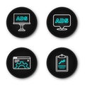 Set line Clipboard with graph chart, Browser setting, Advertising and icon. Vector
