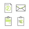 Set line Clipboard with graph chart, Document, Envelope and icon. Vector