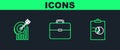 Set line Clipboard with graph chart, Target and Briefcase icon. Vector