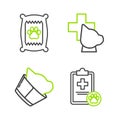 Set line Clipboard with medical clinical record pet, Veterinary symbol, and Bag of food for dog icon. Vector