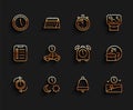 Set line Clock with arrow, Day and night time, Ringing bell, Vacation, Time to travel, Always busy and Alarm clock icon