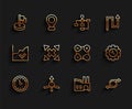 Set line Clock, Arrow, Flag, Factory, Many ways directional arrow, Wrench and gear and Infographic element icon. Vector