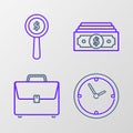 Set line Clock, Briefcase, Stacks paper money cash and Magnifying glass and dollar symbol icon. Vector Royalty Free Stock Photo