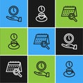 Set line Clock, Calendar search and Coffee time icon. Vector Royalty Free Stock Photo