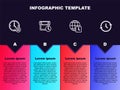 Set line Clock delete, Calendar and clock, World time and . Business infographic template. Vector