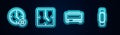 Set line Clock delete, , Digital alarm clock and Smartwatch. Glowing neon icon. Vector