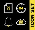 Set line Clock 24 hours, Cloud database, Ringing bell and Delete file document icon. Vector Royalty Free Stock Photo