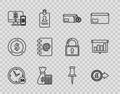 Set line Clock 24 hours, Computer monitor mobile phone and bitcoin, Address book, Push pin and Presentation financial