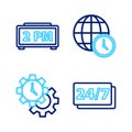 Set line Clock 24 hours, Time Management, World time and Digital alarm clock icon. Vector
