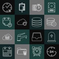 Set line Clock 24 hours, Tombstone with cross, Setting database server, Stopwatch, Cloud sync refresh, Calendar and Royalty Free Stock Photo
