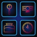 Set line Clock, Inkwell, Magnifying glass with search and Stacks paper money cash. Gradient color icons. Vector