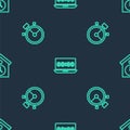 Set line Clock on laptop, Stopwatch and Retro wall on seamless pattern. Vector Royalty Free Stock Photo