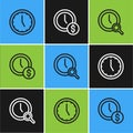 Set line Clock, Magnifying glass with clock and Time is money icon. Vector