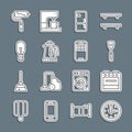 Set line Clock, Oven, Spatula, Refrigerator, Electric kettle, Light bulb, Paint roller brush and Mobile Apps icon Royalty Free Stock Photo