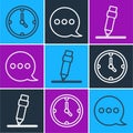 Set line Clock, Pencil with eraser and Speech bubble chat icon. Vector