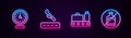 Set line Clock, Plane landing, Conveyor belt with suitcase and No alcohol. Glowing neon icon. Vector