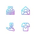 Set line Clothes donation, Blood, Volunteer center and Envelope with Valentine heart. Gradient color icons. Vector