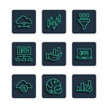 Set line Cloud computing lock, Financial growth, Binary code, Pie chart infographic, Data analysis, Network cloud Royalty Free Stock Photo