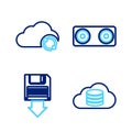 Set line Cloud database, Floppy disk backup, Stereo speaker and sync refresh icon. Vector Royalty Free Stock Photo