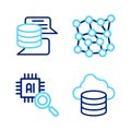 Set line Cloud database, Processor CPU, Neural network and Server, Data icon. Vector Royalty Free Stock Photo