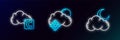 Set line Cloud with moon and stars, Celsius cloud and snow sun icon. Glowing neon. Vector Royalty Free Stock Photo
