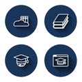 Set line Cloud or online library, Book, Graduation cap globe and Online education with long shadow. Blue circle button