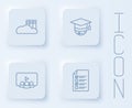 Set line Cloud or online library, Graduation cap globe, Online class and quiz, test, survey. White square button. Vector Royalty Free Stock Photo