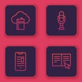 Set line Cloud or online library, Online book mobile, Microphone and . Blue square button. Vector