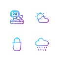 Set line Cloud with rain, Bucket, Soil ph testing and Sun and cloud weather. Gradient color icons. Vector