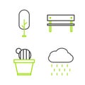 Set line Cloud with rain, Cactus and succulent pot, Bench and Tree icon. Vector Royalty Free Stock Photo