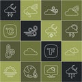 Set line Cloud with rain and moon, Sun cloud weather, Storm, Windy, Celsius, and snow sun icon. Vector