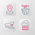 Set line Cloud with rain, Pilot hat, Globe flying plane and Location icon. Vector