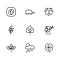 Set line Cloud with rain and sun, Bare tree, Four leaf clover, Leaf, Chestnut, Hedgehog and icon. Vector