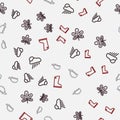 Set line Cloud with rain and sun, Chestnut leaf, Hedgehog and Waterproof rubber boot on seamless pattern. Vector