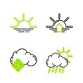 Set line Cloud with rain and sun, snow, Sunrise and icon. Vector Royalty Free Stock Photo