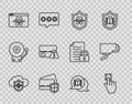 Set line Cloud and shield, Fingerprint, Incognito mode, Credit card with, Browser incognito window, System bug and Royalty Free Stock Photo