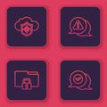 Set line Cloud and shield, Folder lock, Exclamation mark in triangle and Check speech bubble. Blue square button. Vector Royalty Free Stock Photo