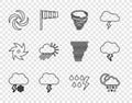 Set line Cloud with snow and lightning, snow, rain, moon, Tornado, Storm, Cloudy sun, and icon. Vector