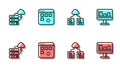Set line Cloud technology data transfer, Network cloud connection, Loading window and Monitor with graph chart icon Royalty Free Stock Photo