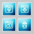 Set line Cloud technology data transfer, System bug, Software and Coffee cup to go icon. Vector Royalty Free Stock Photo