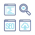 Set line Cloud upload, SEO optimization, Magnifying glass and delete and Browser window icon. Vector Royalty Free Stock Photo