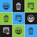 Set line Clown head, Fast street food cart and Popcorn in box icon. Vector Royalty Free Stock Photo
